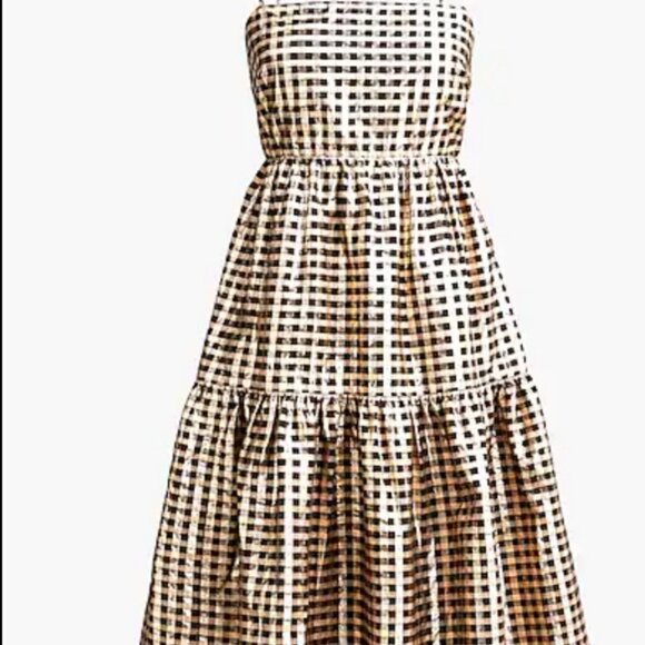 J. Crew Dresses & Skirts - J Crew Lurex Black Gold tired gingham adjustable straps stretch back dress sz 8